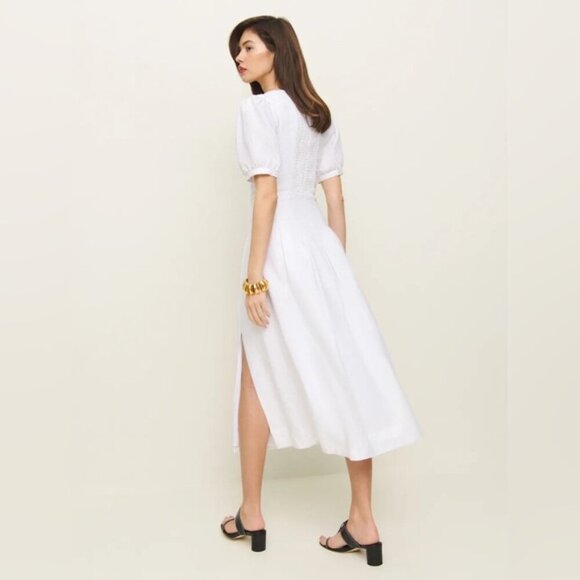 NEW Reformation Coucou Midi Linen Dress Puff Sleeves White | size 4 - Picture 4 of 12